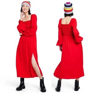 New Target La Ligne Red Smocked Bodice Long Sleeve Midi Dress